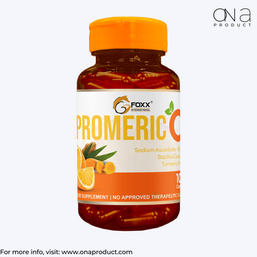 Bottle of Promeric C supplement with Vitamin C, Turmeric, and Probiotics for immune and gut health support.